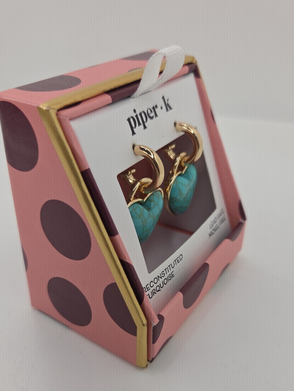 💙▪️Piper K Gold Heart Hoop Earrings with Recosntistuted Turquoise Stone Drops - Picture 3 of 5